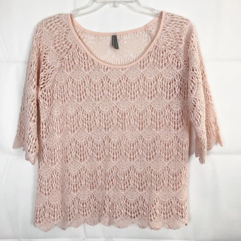 Vanity Elbow Sleeve Crochet Pink Top Size M